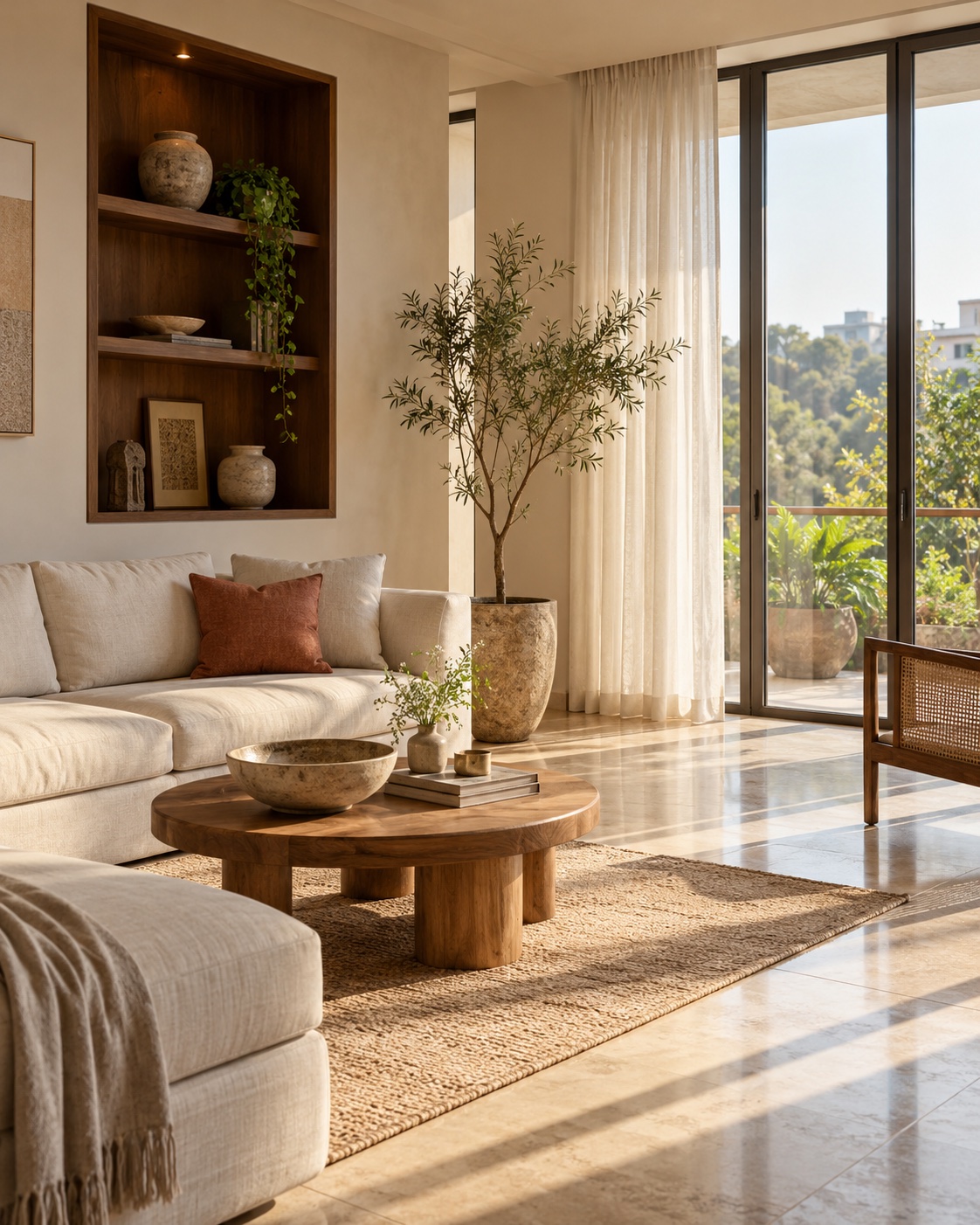 Interior illustration of a sunlit living room in warm natural materials